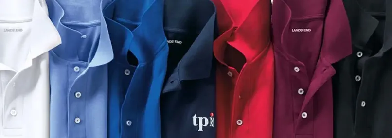 Variety of colorful branded polo shirts for online events.