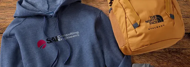 Branded hoodie and backpack for virtual event promotions.