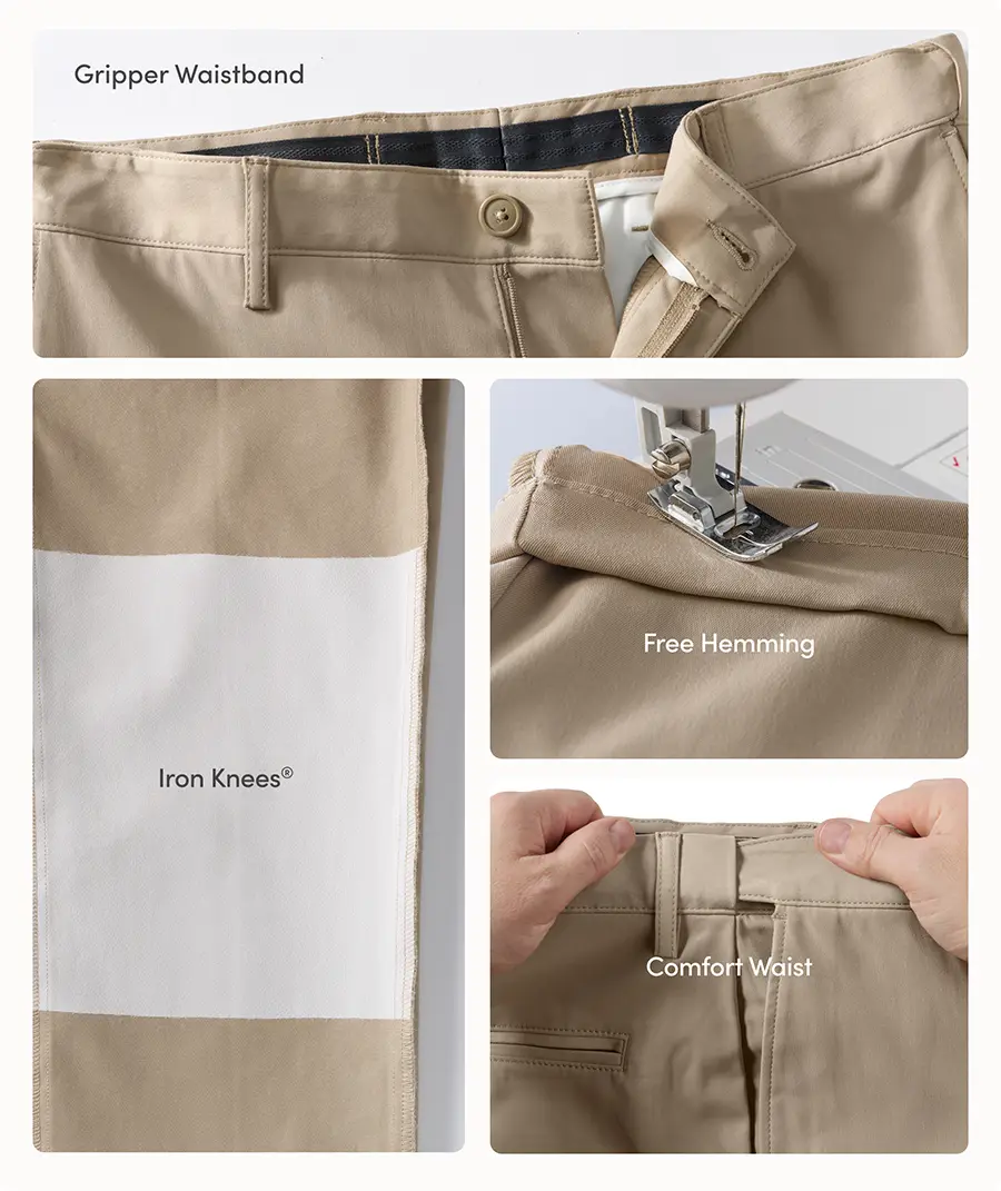 A collection of pant features. Gripper Wasitband. Iron Knees®. Free Hemming. Comfort Waist.