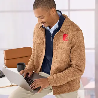 A khaki shirt jacket.