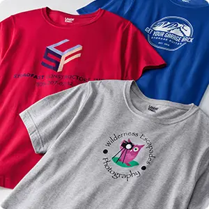 Three t-shirts with custom logos on the front.