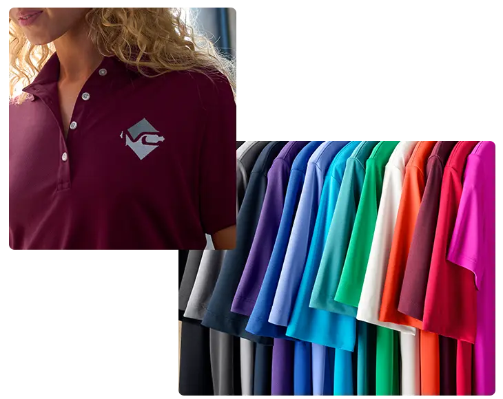 A woman weraing a burgundy polo with a custom embroidered logo. Adjacent to her is a separate photo of aan array of available company colors.