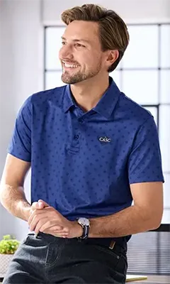 A man wearing a blue rapid dry polo.