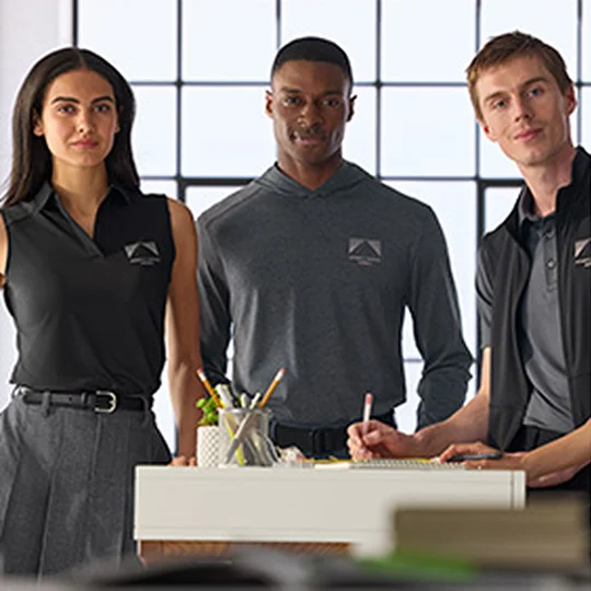 Woman wearing a black polo and gray skirt, man wearing a gray sweatshirt, and man wearing a black vest and gray polo.