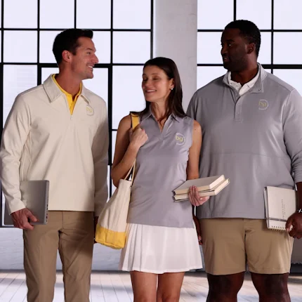 Employees wearing embroidered gray apparel.