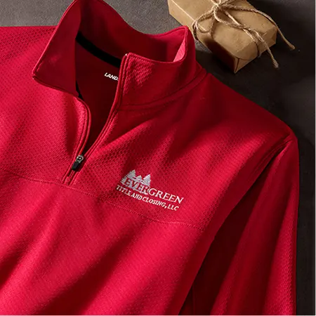 A red quarter-zip pullover.