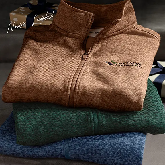 New Look! A brown, green, and a navy sweater fleece jacket stacked on top of each other.