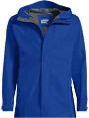 A blue Waterproof Hooded Packable Rain Jacket.