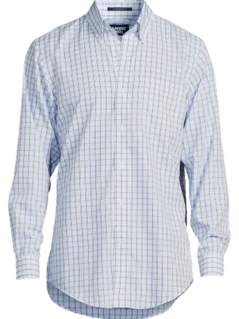 A white and blue checkered No Iron Broadcloth dress shirt.