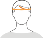 Yellow lines on a men’s head model showing where to measure.